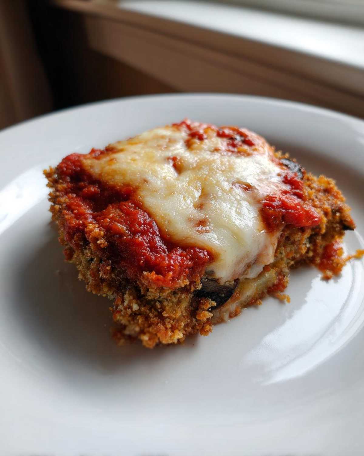 A close-up of a single serving of baked eggplant parmesan with melted mozzarella and rich tomato sauce.