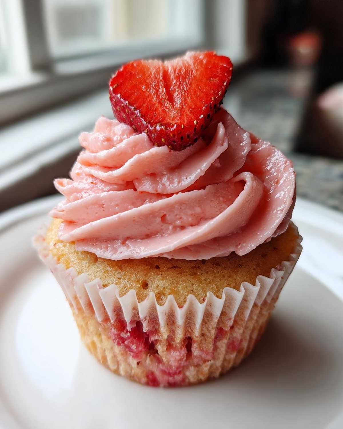 Close-up of a single strawberry cupcakes topped with pink frosting and a fresh strawberry slice.