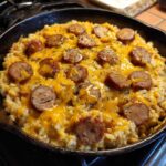 Close-up of a skillet filled with cheesy rice topped with browned slices of sausage and sprinkled with herbs.