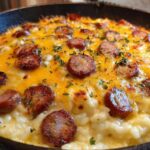 Close-up of cheesy sausage and rice casserole in a skillet, topped with melted cheddar and parsley.