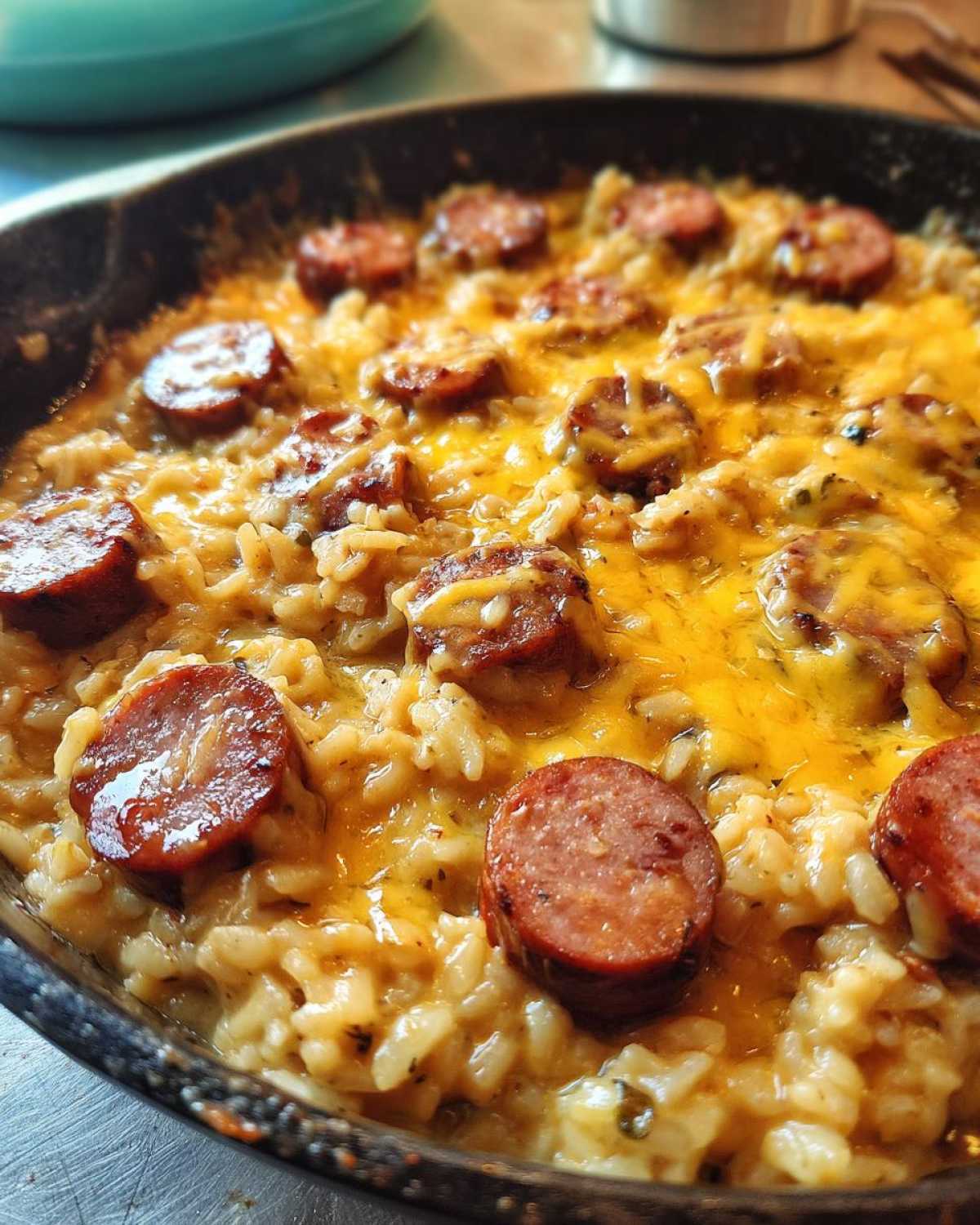 Close-up of cheesy sausage and rice cooked together in a black skillet, featuring sliced smoked sausage and melted cheddar.