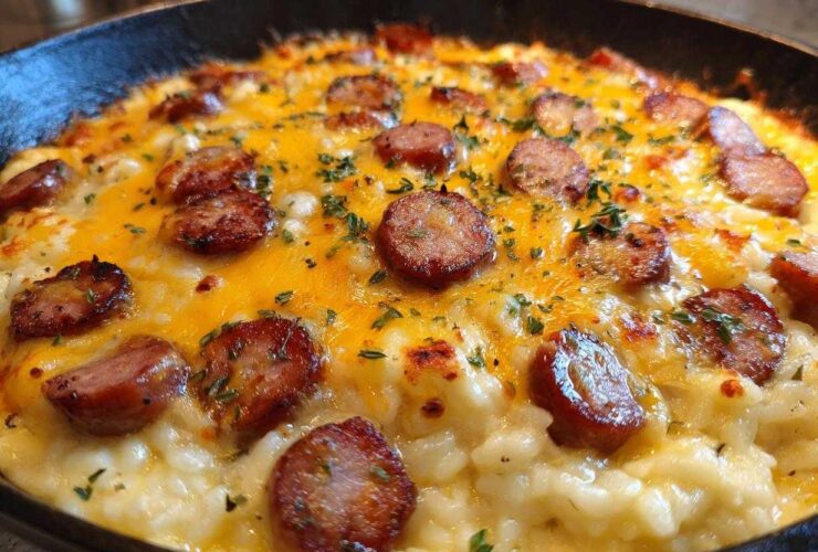 Close-up of cheesy sausage and rice casserole in a skillet, topped with melted cheddar and parsley.