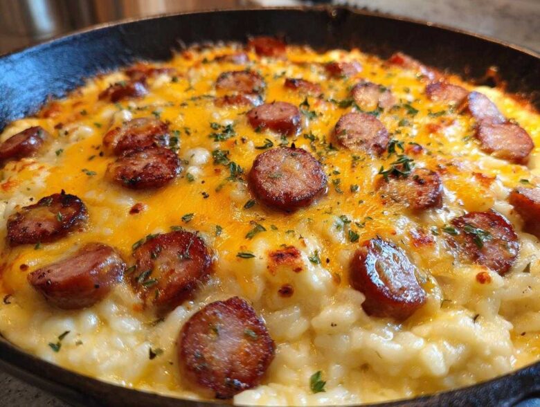 Close-up of cheesy sausage and rice casserole in a skillet, topped with melted cheddar and parsley.