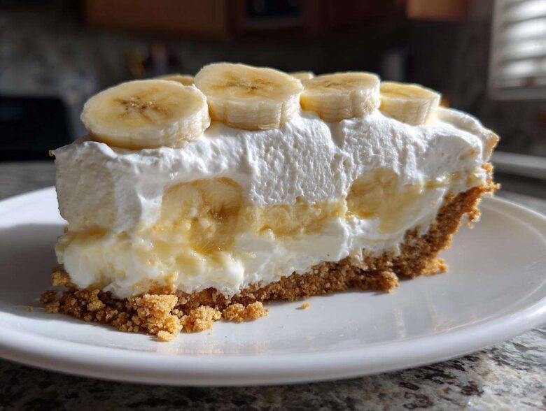 A thick slice of banana cream pie recipe showing graham cracker crust, creamy filling, and sliced bananas on top.