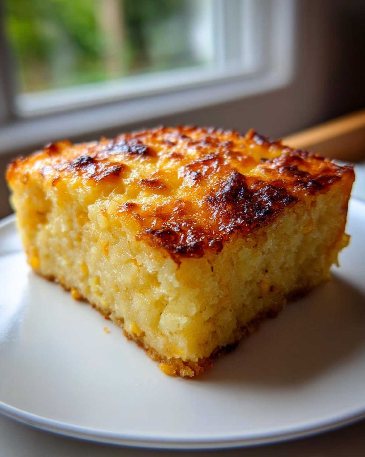 A close-up of a golden brown slice of moist cornbread casserole on a white plate.