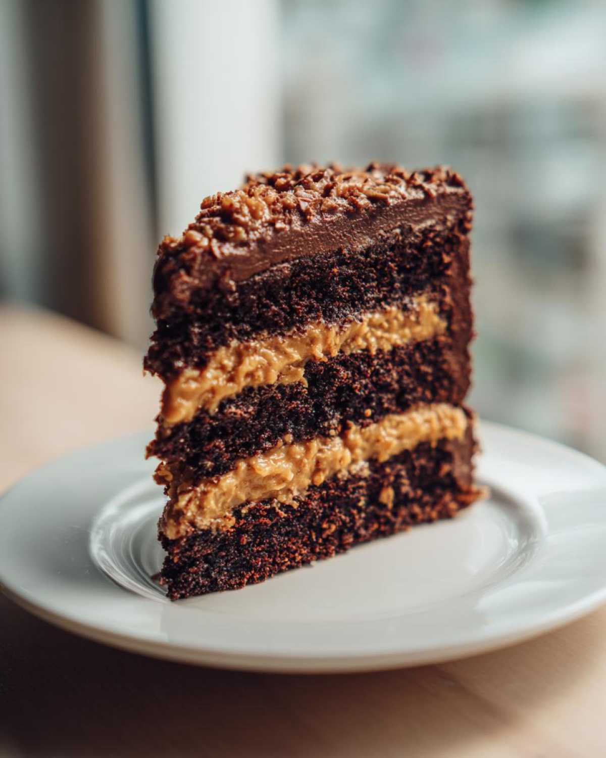 A decadent slice of german chocolate cake recipe showing three layers of dark chocolate cake and coconut-pecan filling.
