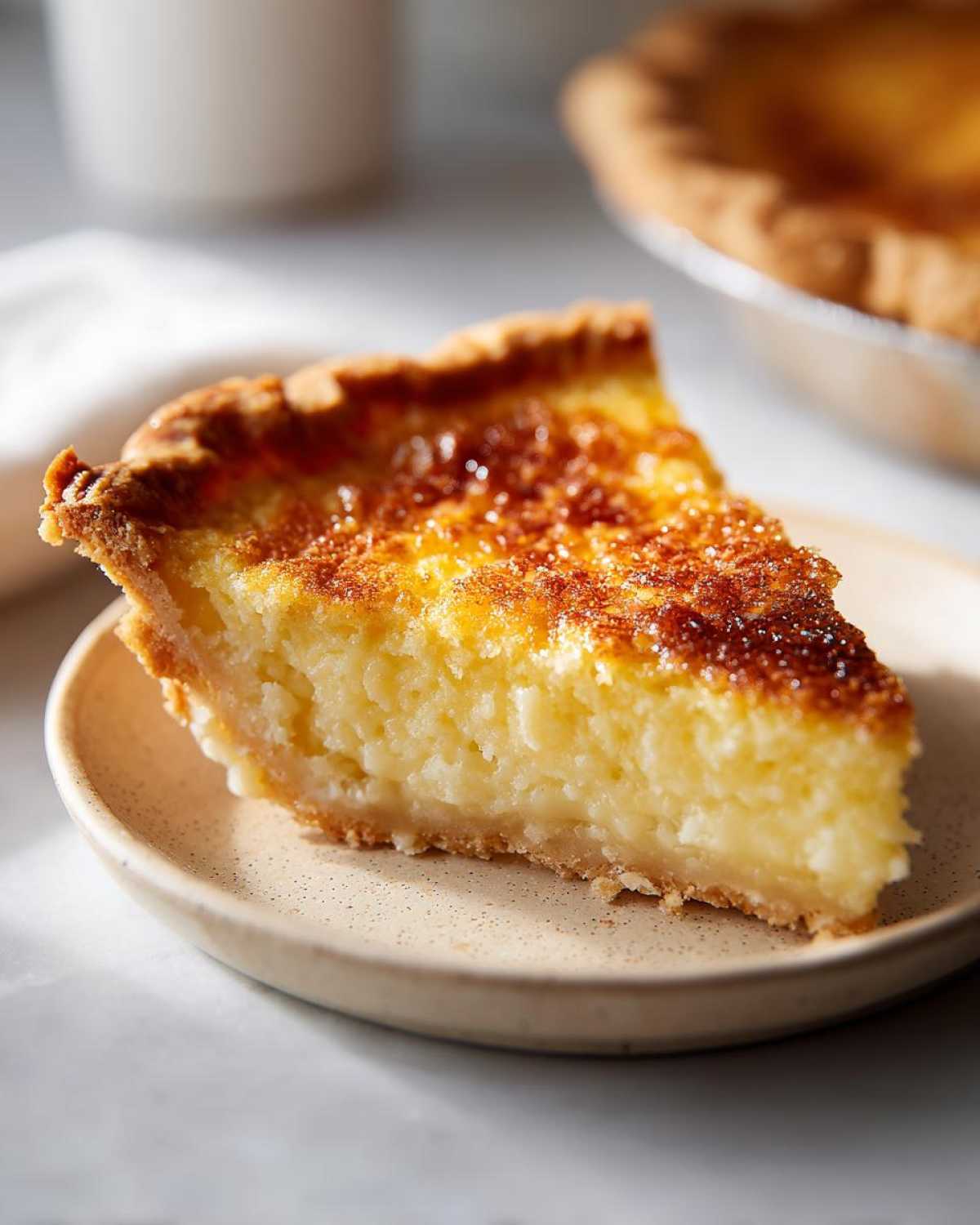 A close-up of a thick slice of buttermilk pie on a small speckled plate, showing its creamy texture and caramelized sugar topping.
