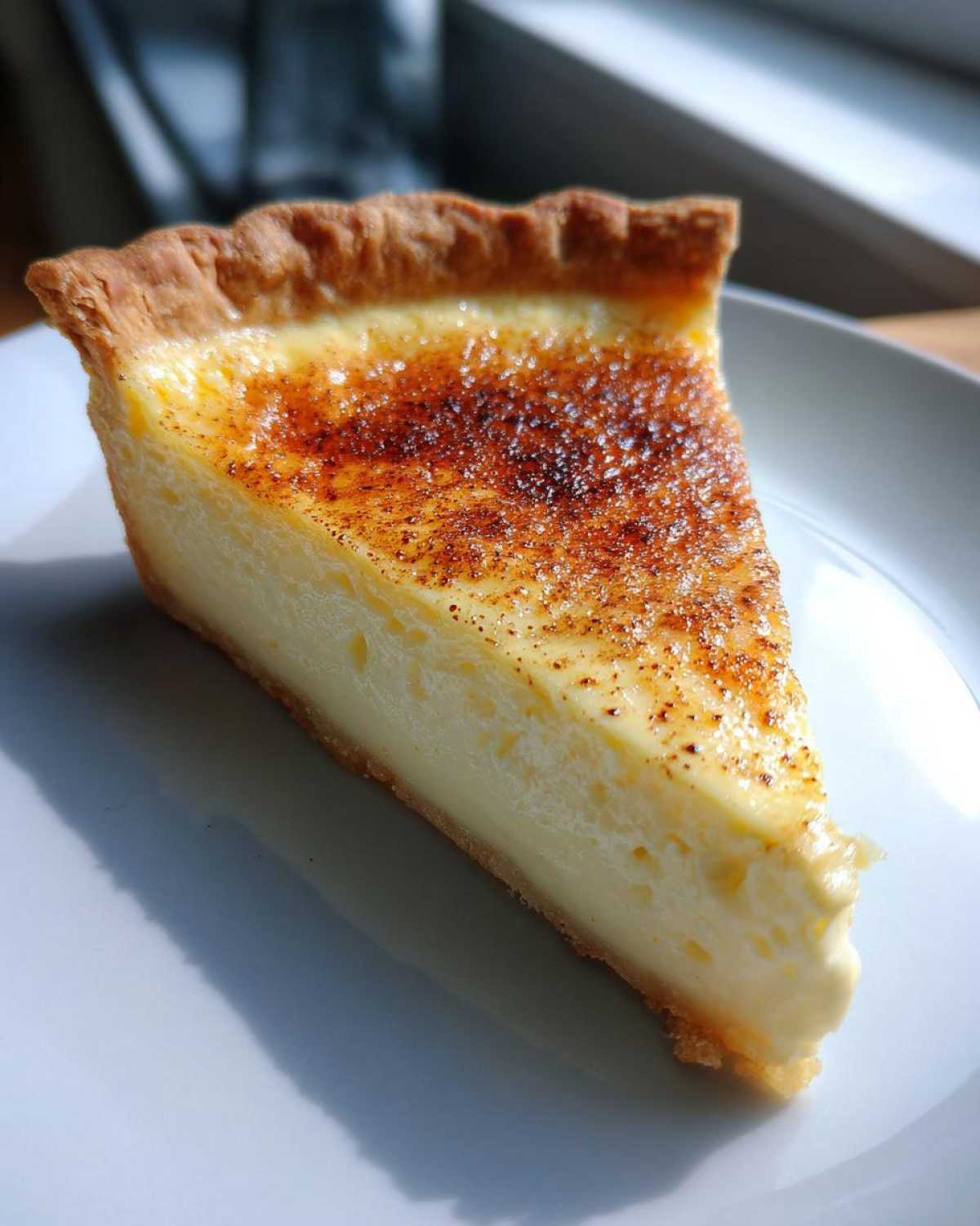 A perfect slice of creamy custard pie with a beautifully caramelized, torched top.