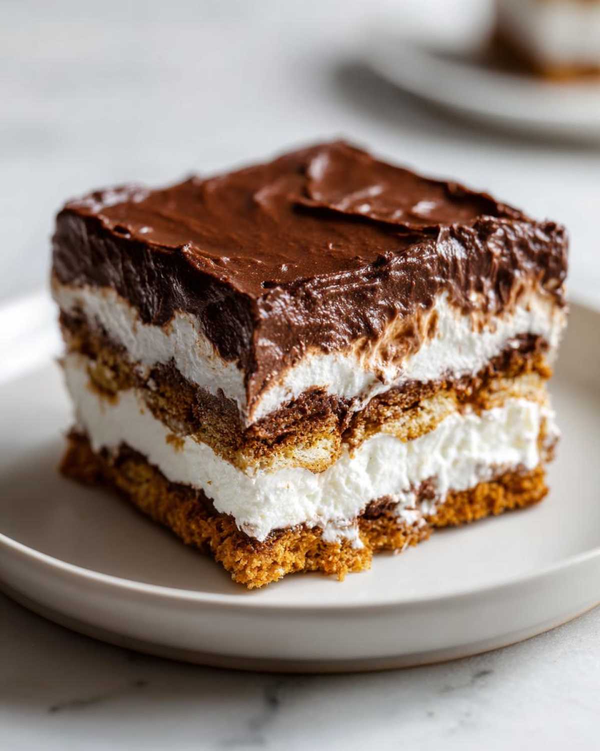 A square slice of layered eclair cake featuring graham cracker crust, white cream filling, and chocolate frosting.