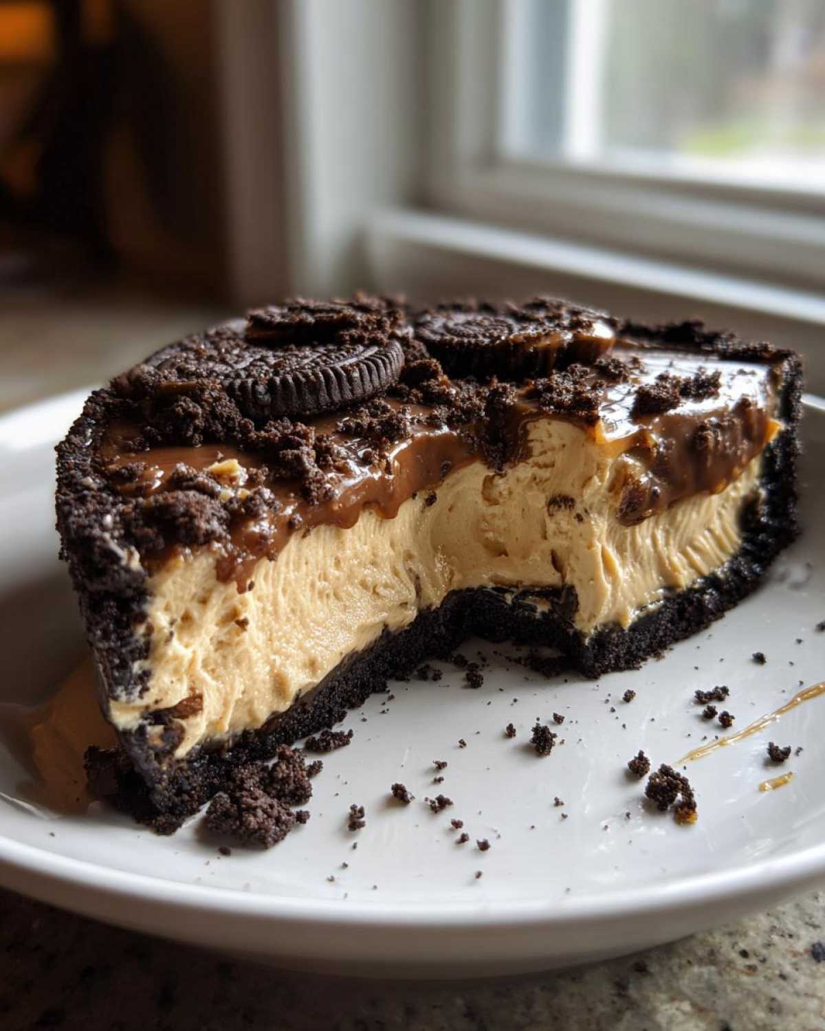 A rich slice of peanut butter pie with a dark chocolate crust, creamy filling, caramel topping, and Oreo crumbles.