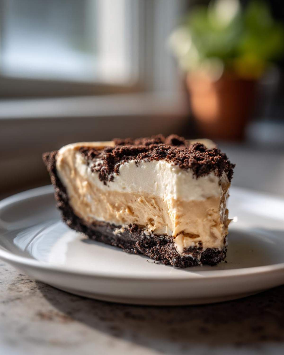 A close-up of a rich slice of peanut butter pie featuring a dark chocolate crust, creamy filling, and whipped topping sprinkled with crumbs.