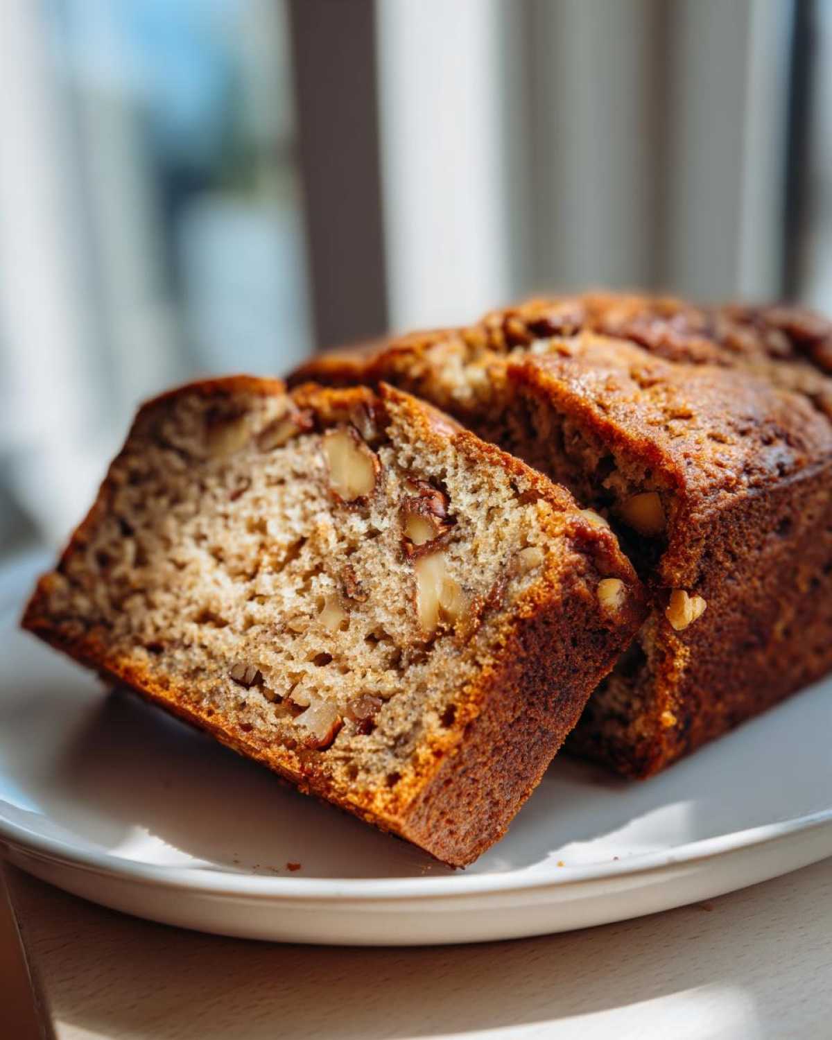 Close-up of sliced sugar free banana bread showing moist texture and visible walnuts.
