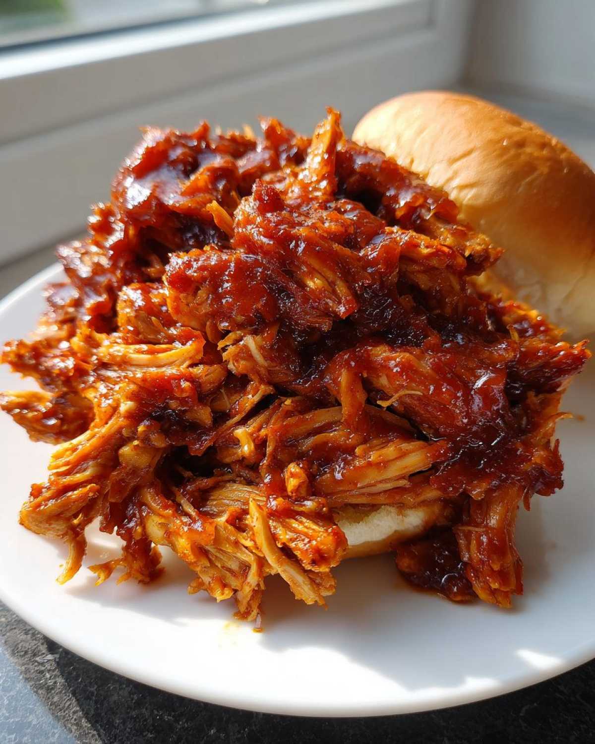 Close-up of a brioche bun piled high with saucy, shredded Slow Cooker Pulled Pork.