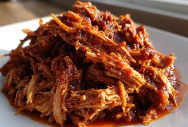 Close-up of a mound of saucy, shredded Slow Cooker Pulled Pork glistening under natural light on a white plate.
