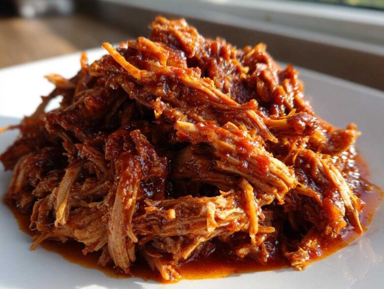 Close-up of a mound of saucy, shredded Slow Cooker Pulled Pork glistening under natural light on a white plate.