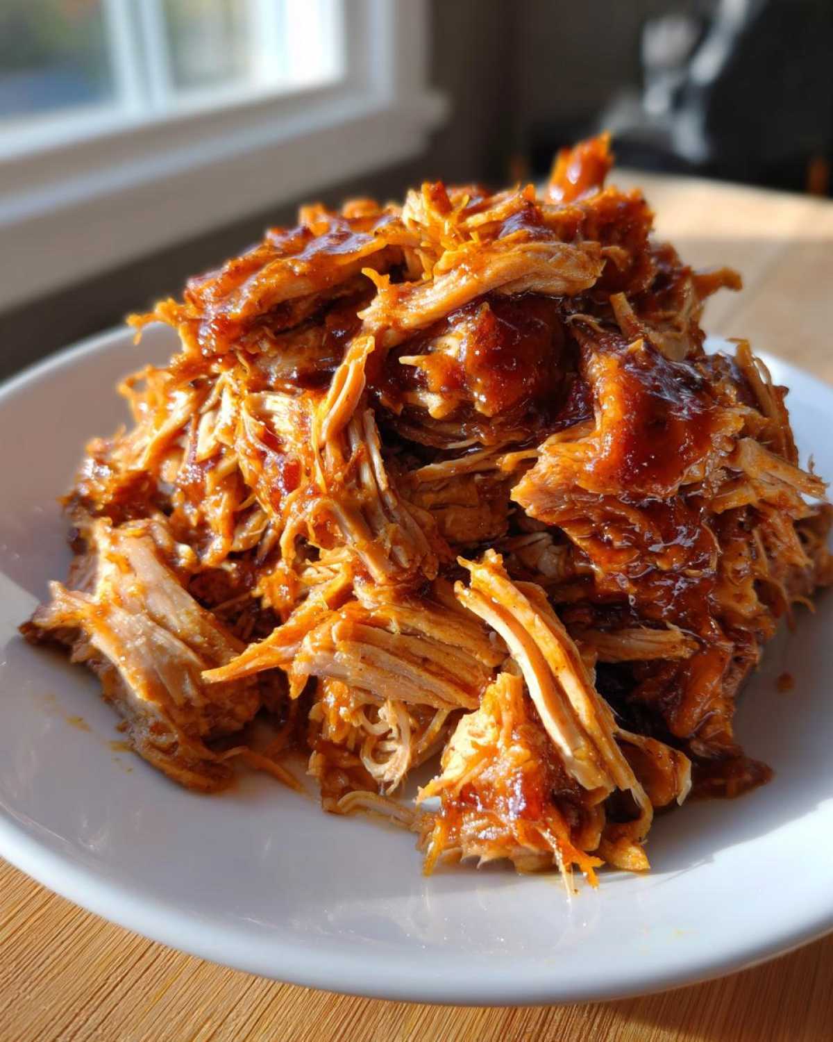 A mound of saucy, shredded Slow Cooker Pulled Pork piled high on a white plate.