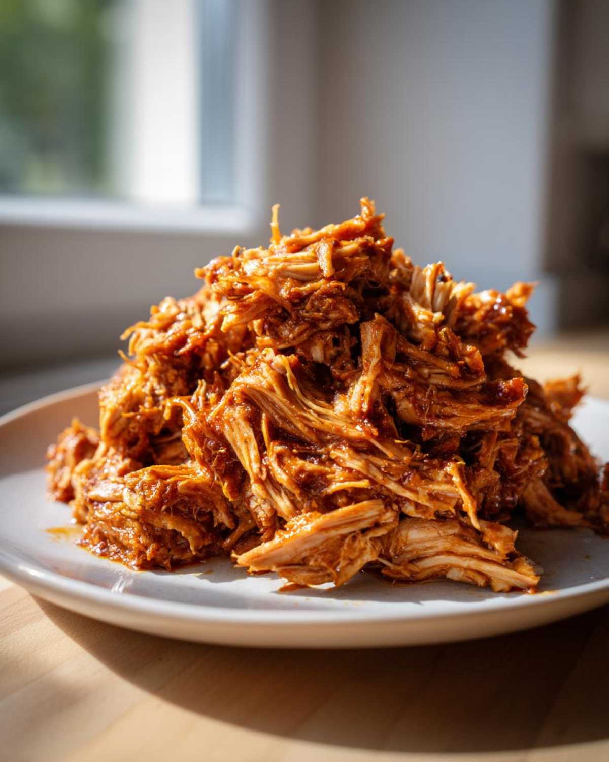 A mound of saucy, shredded Slow Cooker Pulled Pork piled high on a light-colored plate.
