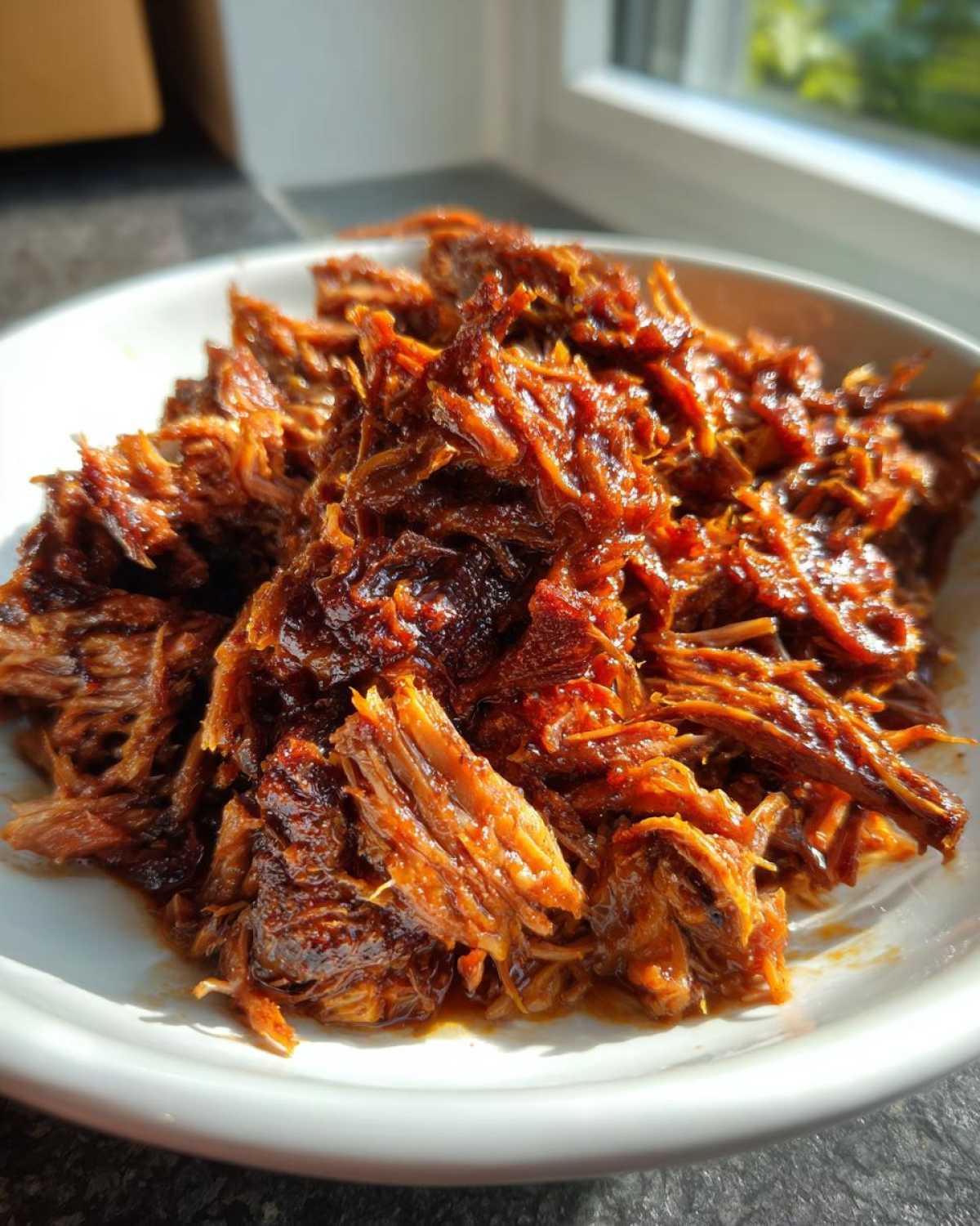 A close-up of saucy, shredded Slow Cooker Pulled Pork piled high on a white plate near a window.