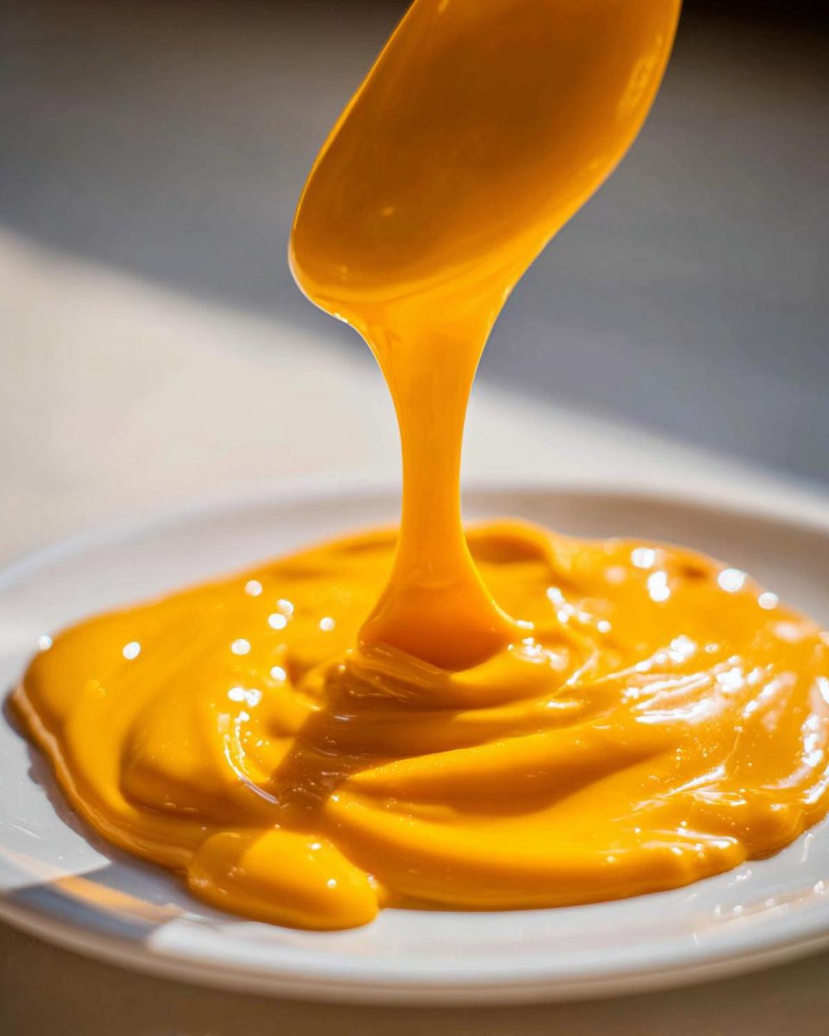 Close-up of thick, vibrant orange nacho cheese sauce being poured from a spoon onto a white plate.