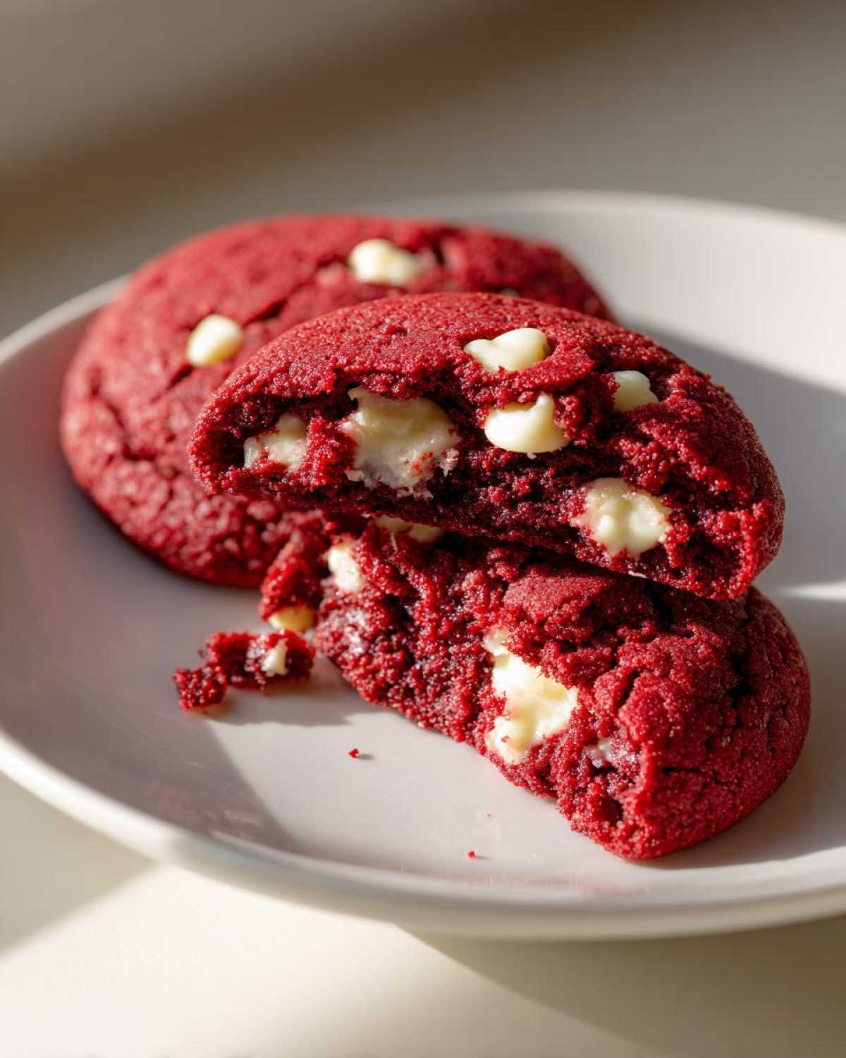 A close-up of soft red velvet cake mix cookies, one broken in half showing melted white chocolate chips inside.