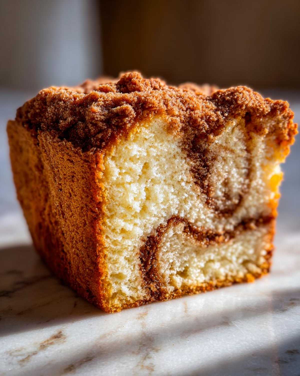 Close-up of a moist slice of sour cream coffee cake showing a cinnamon swirl and thick streusel topping.
