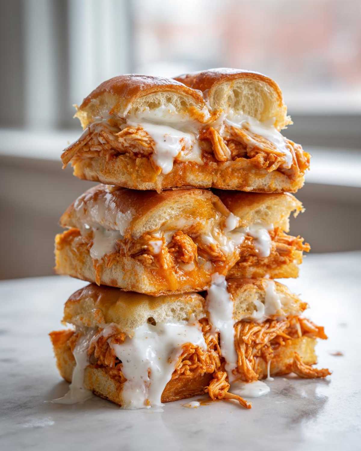 A tall stack of three halves of buffalo chicken sliders dripping with ranch dressing on a white marble surface.