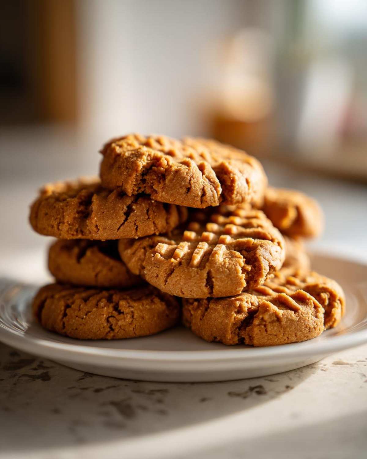 A close-up stack of freshly baked peanut butter cookies featuring the classic crisscross fork marks on a white plate.