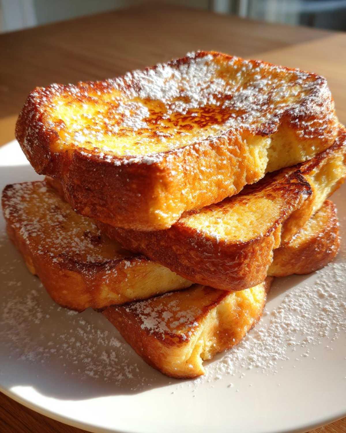 A tall stack of golden brown easy french toast slices dusted generously with powdered sugar and drizzled with syrup.