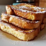 A stack of three thick slices of golden brown easy french toast, dusted with powdered sugar and drizzled with syrup.