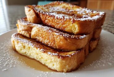 A stack of three thick slices of golden brown easy french toast, dusted with powdered sugar and drizzled with syrup.