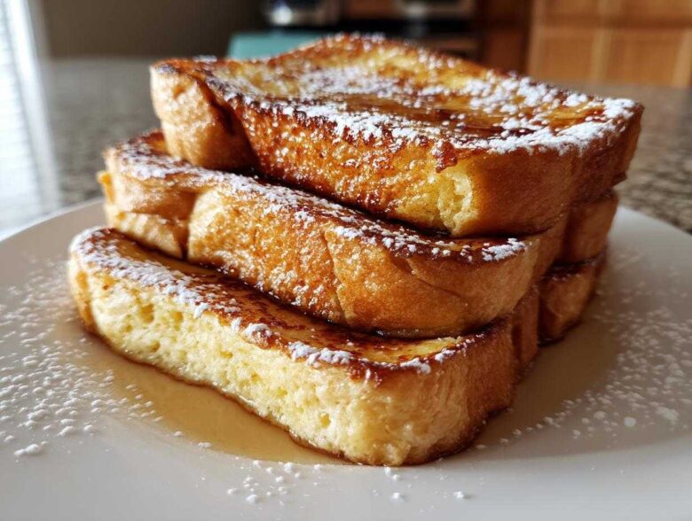 A stack of three thick slices of golden brown easy french toast, dusted with powdered sugar and drizzled with syrup.