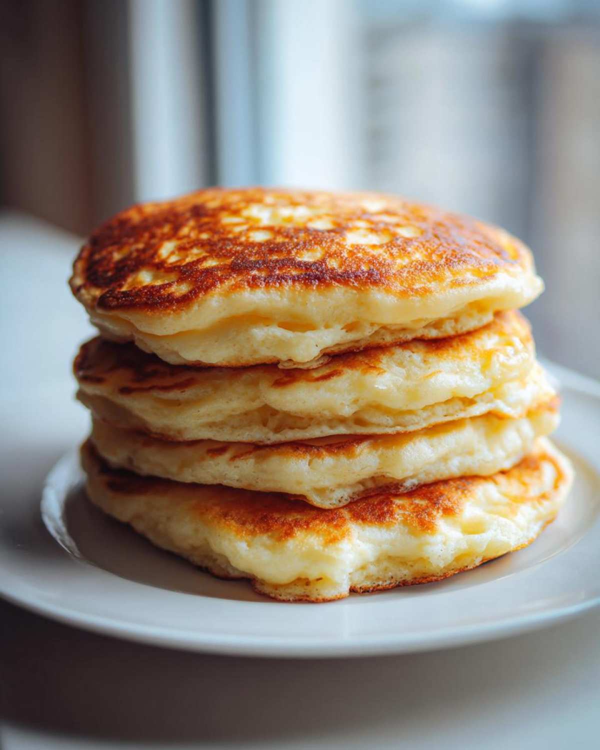 A tall stack of four golden-brown, thick, fluffy pancakes served on a white plate.