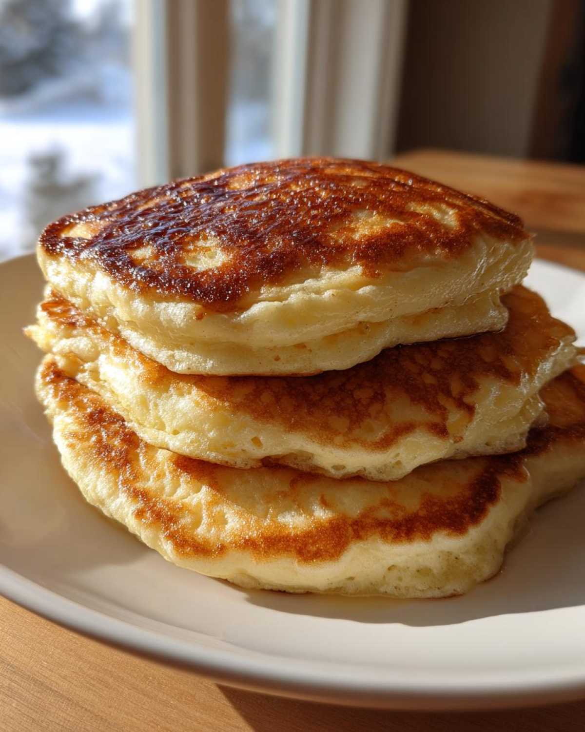 A close-up stack of three very fluffy pancakes with golden brown, slightly glossy tops.