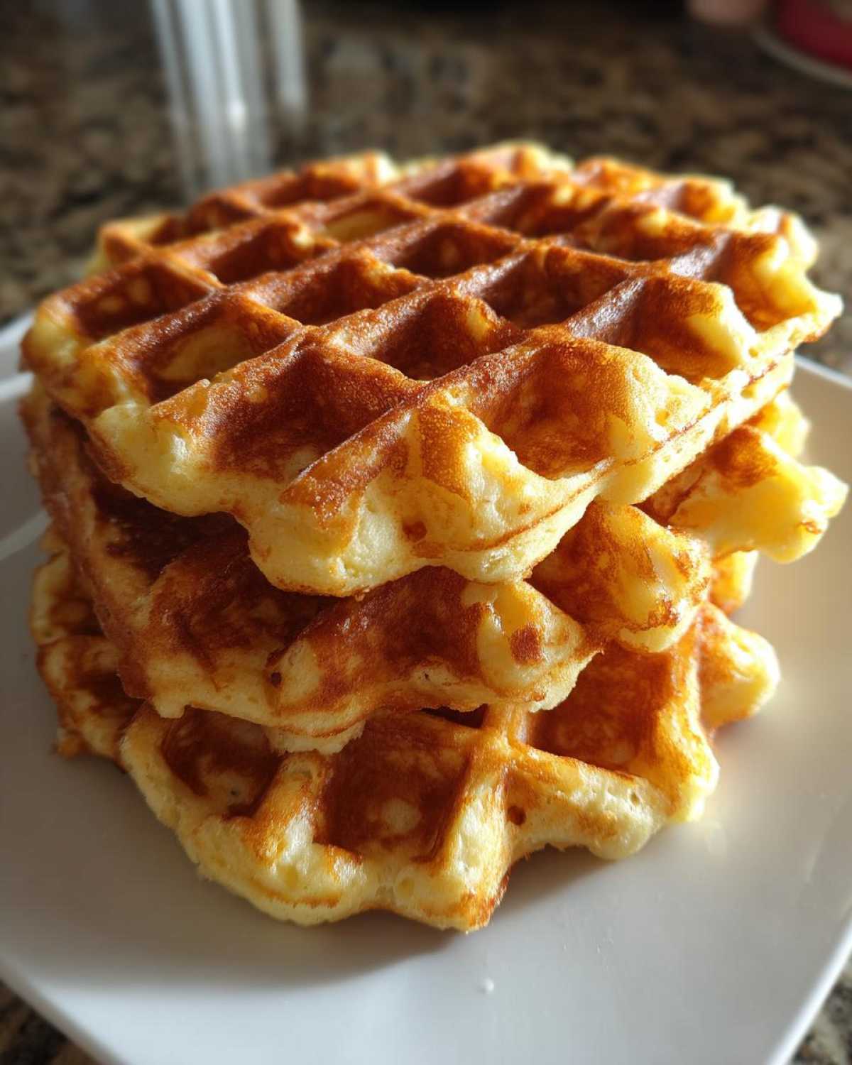 A close-up stack of three golden brown, fluffy high protein waffles served on a white plate.