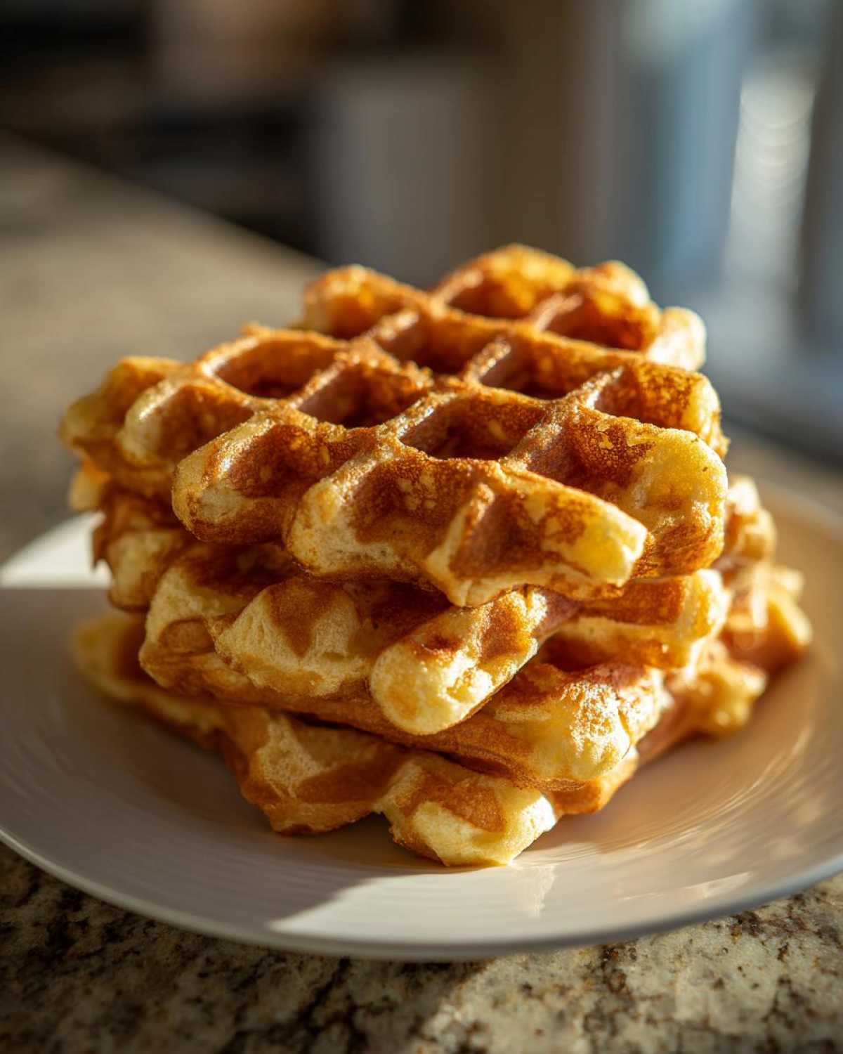 A tall stack of golden brown, fluffy high protein waffles sitting on a white plate.