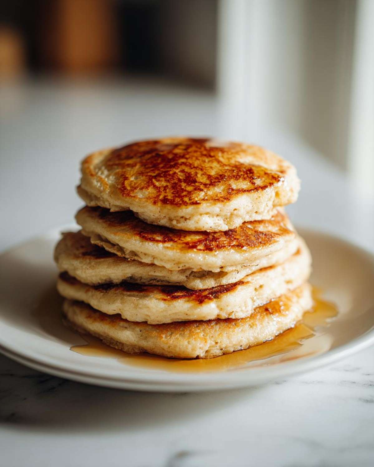 A tall stack of four golden-brown oatmeal pancakes drizzled with syrup on a white plate.