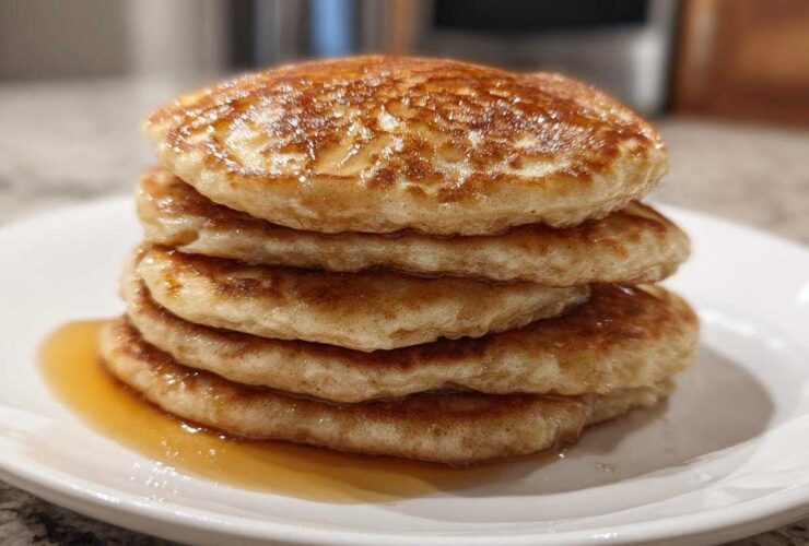 A close-up of a tall stack of five golden brown oatmeal pancakes drizzled with syrup on a white plate.