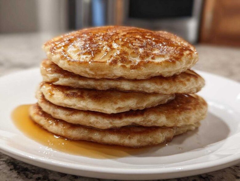 A close-up of a tall stack of five golden brown oatmeal pancakes drizzled with syrup on a white plate.