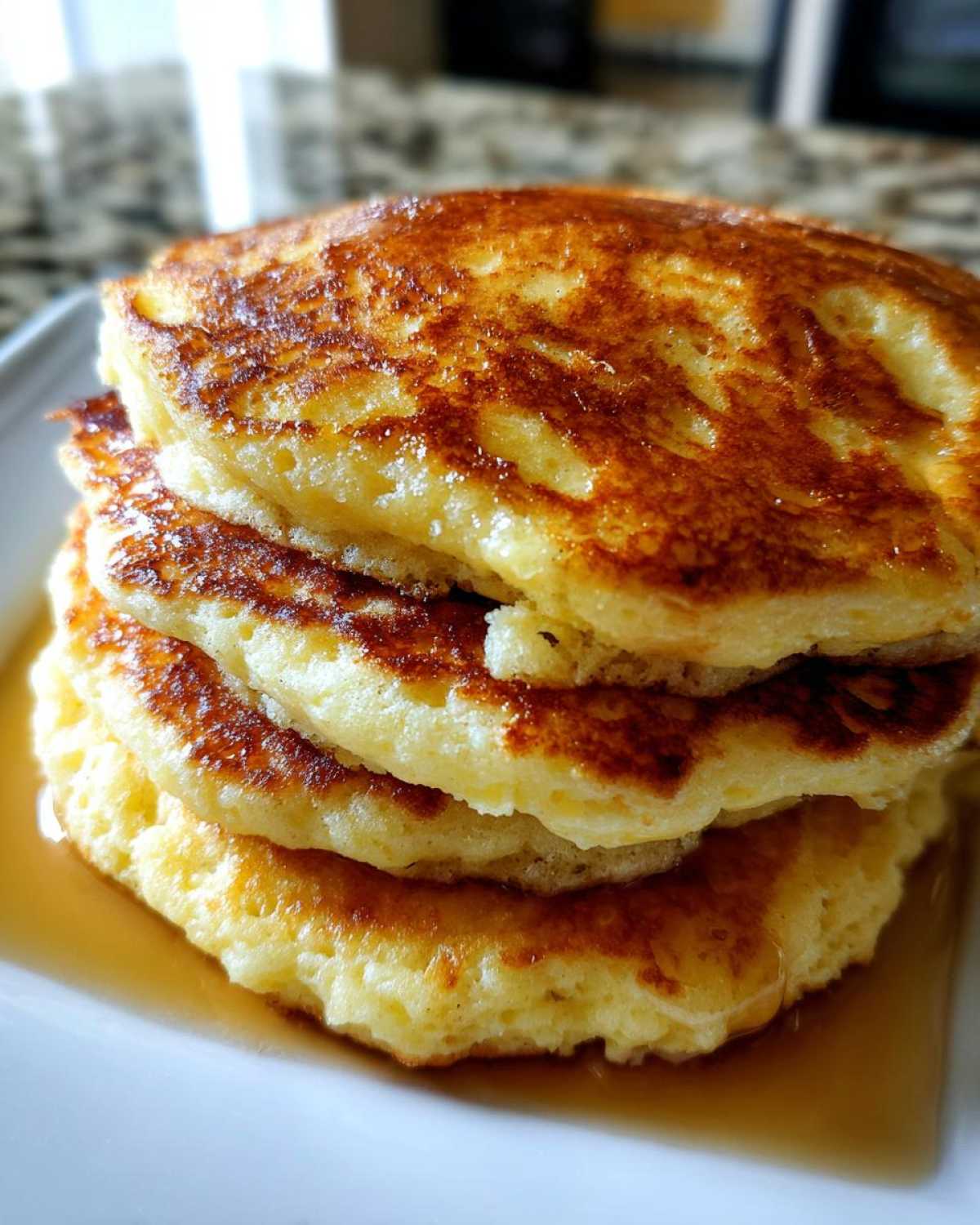 A close-up stack of four golden-brown coconut flour pancakes drizzled with syrup.