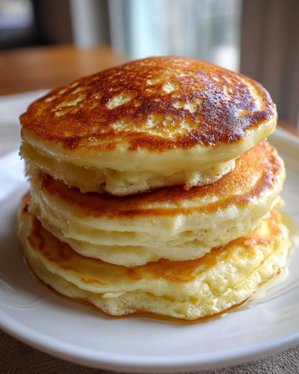 A tall stack of four incredibly fluffy pancakes drizzled with syrup, showcasing their height and golden tops.