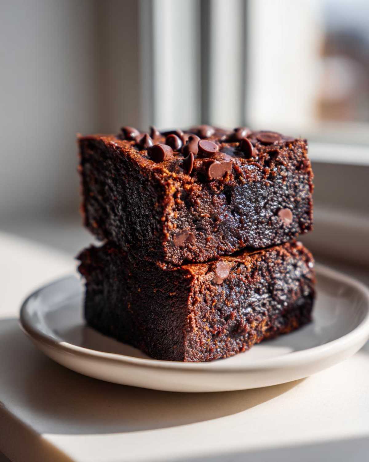 Two rich, dark sweet potato brownies stacked on a small white plate, topped with chocolate chips.