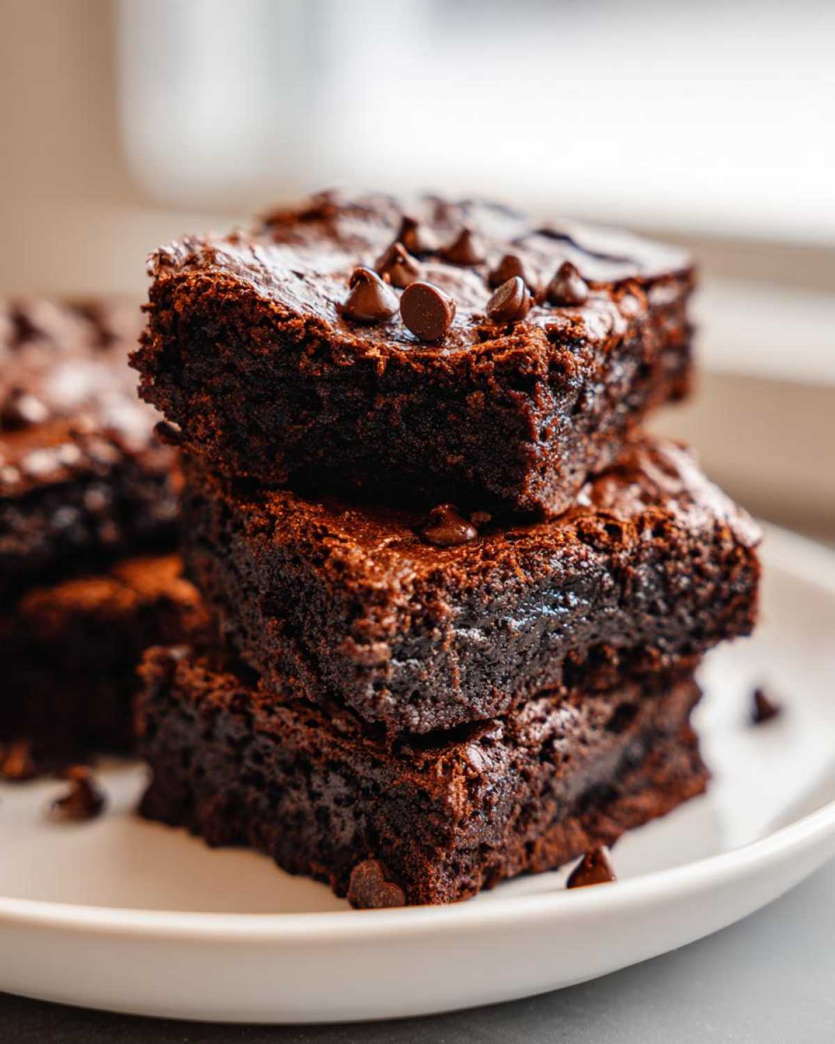 A close-up stack of three fudgy sweet potato brownies topped with chocolate chips on a white plate.