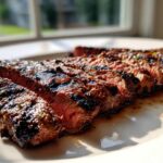Close-up of sliced, medium-rare steak showing grill marks, glistening with the Carne asada marinade.