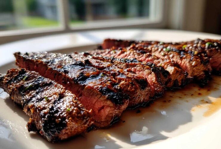 Close-up of sliced, medium-rare steak showing grill marks, glistening with the Carne asada marinade.