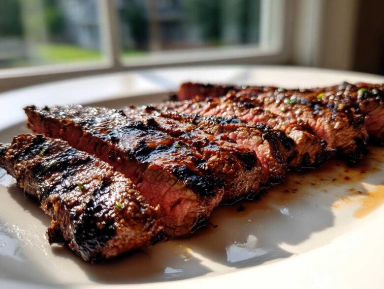 Close-up of sliced, medium-rare steak showing grill marks, glistening with the Carne asada marinade.