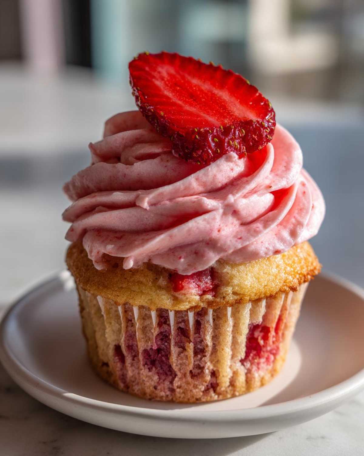 Close-up of a single strawberry cupcakes topped with pink frosting and a fresh strawberry slice.