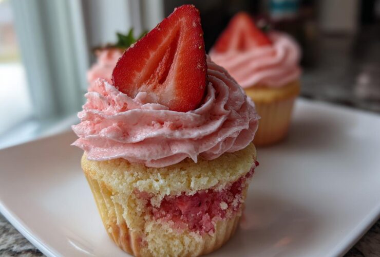 A close-up of a delicious strawberry cupcake with pink frosting and a fresh strawberry slice on top.