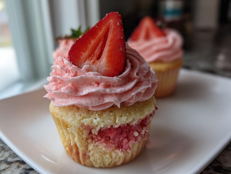 A close-up of a delicious strawberry cupcake with pink frosting and a fresh strawberry slice on top.