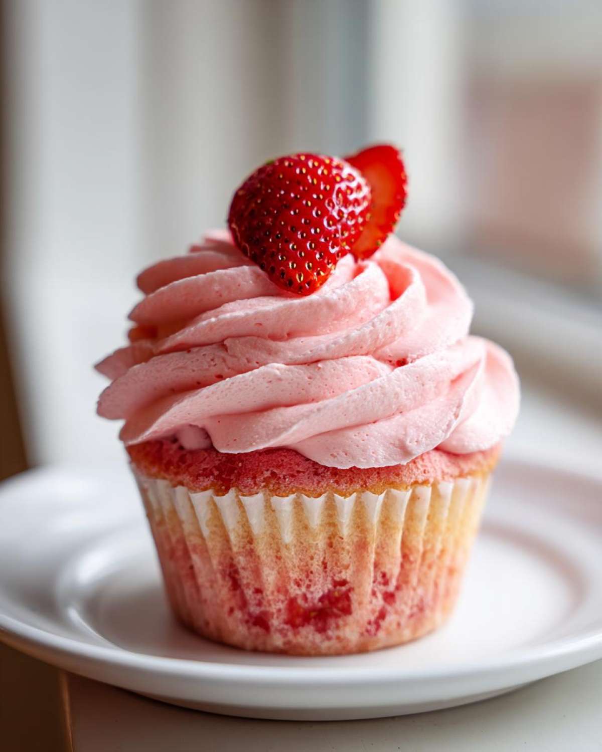 A single, beautifully frosted strawberry cupcake topped with a fresh strawberry half.
