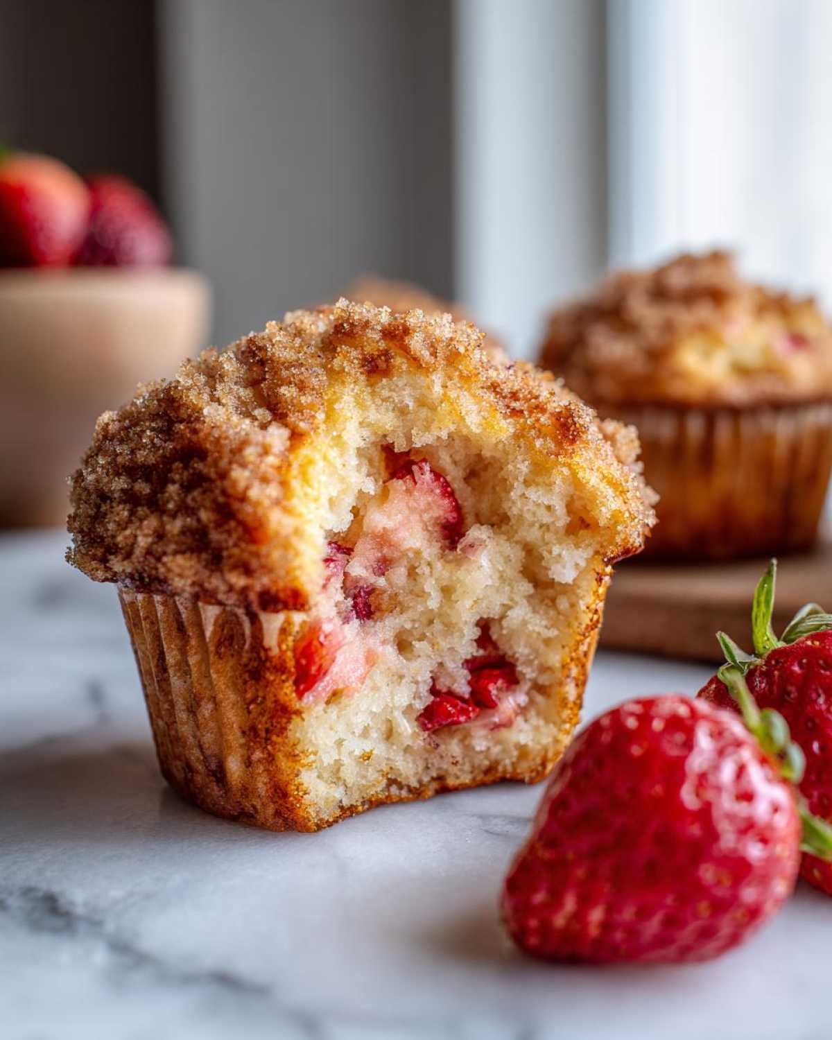 A delicious strawberry muffin, bitten into, showing moist interior and fresh strawberries, next to whole strawberries.